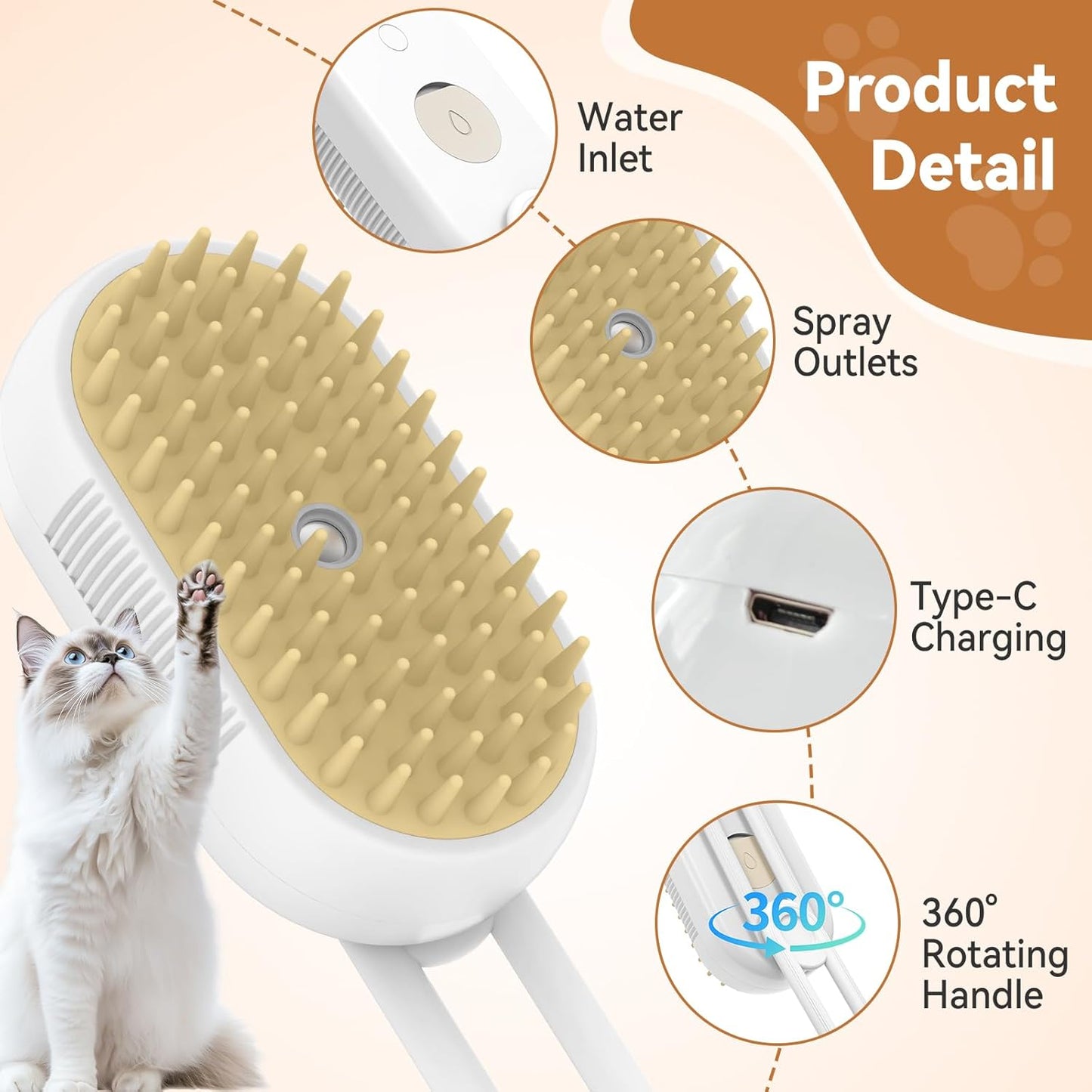 4 in 1 Pet Steam Brush for Shedding,Rechargeable Cat Brushes for Indoor Cats,Quiet Detangling Brush for Long Haired Cats and Dogs(White)