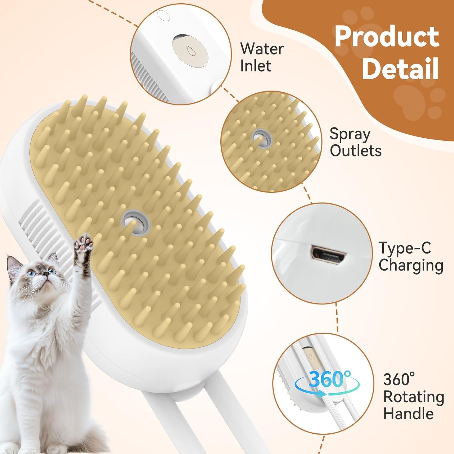 4 in 1 Pet Steam Brush for Shedding,Rechargeable Cat Brushes for Indoor Cats,Quiet Detangling Brush for Long Haired Cats and Dogs(White)