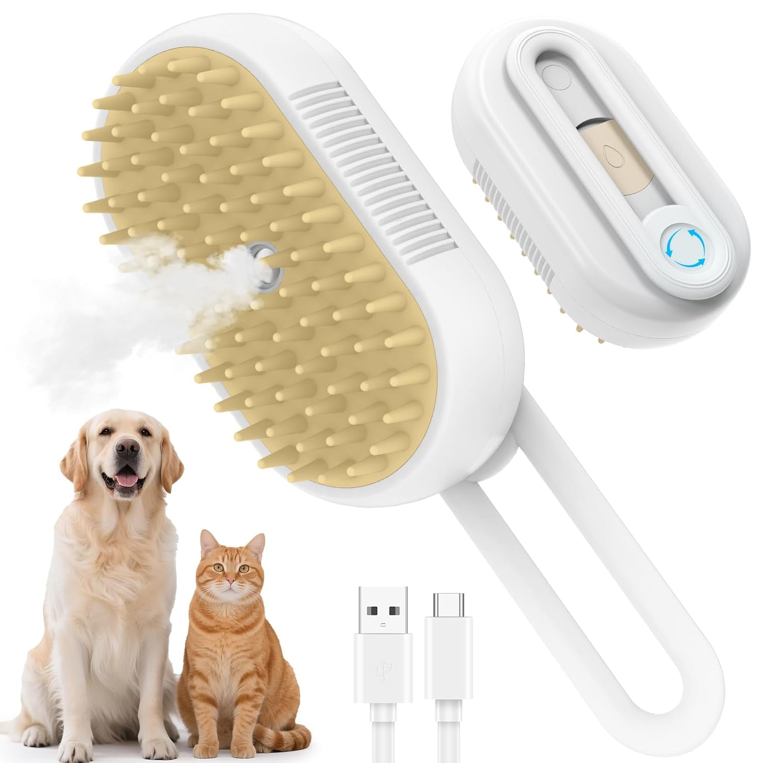 4 in 1 Pet Steam Brush for Shedding,Rechargeable Cat Brushes for Indoor Cats,Quiet Detangling Brush for Long Haired Cats and Dogs(White)
