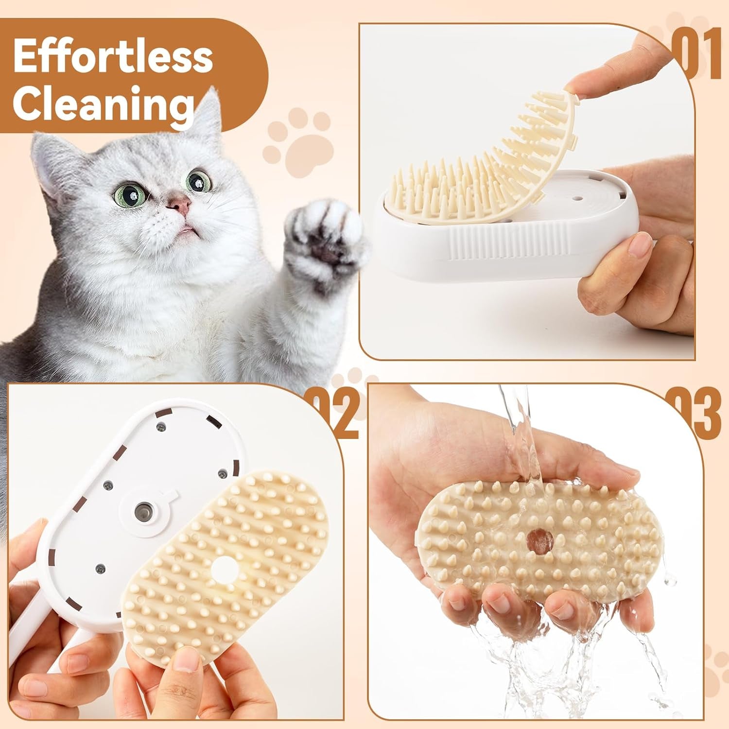 4 in 1 Pet Steam Brush for Shedding,Rechargeable Cat Brushes for Indoor Cats,Quiet Detangling Brush for Long Haired Cats and Dogs(White)