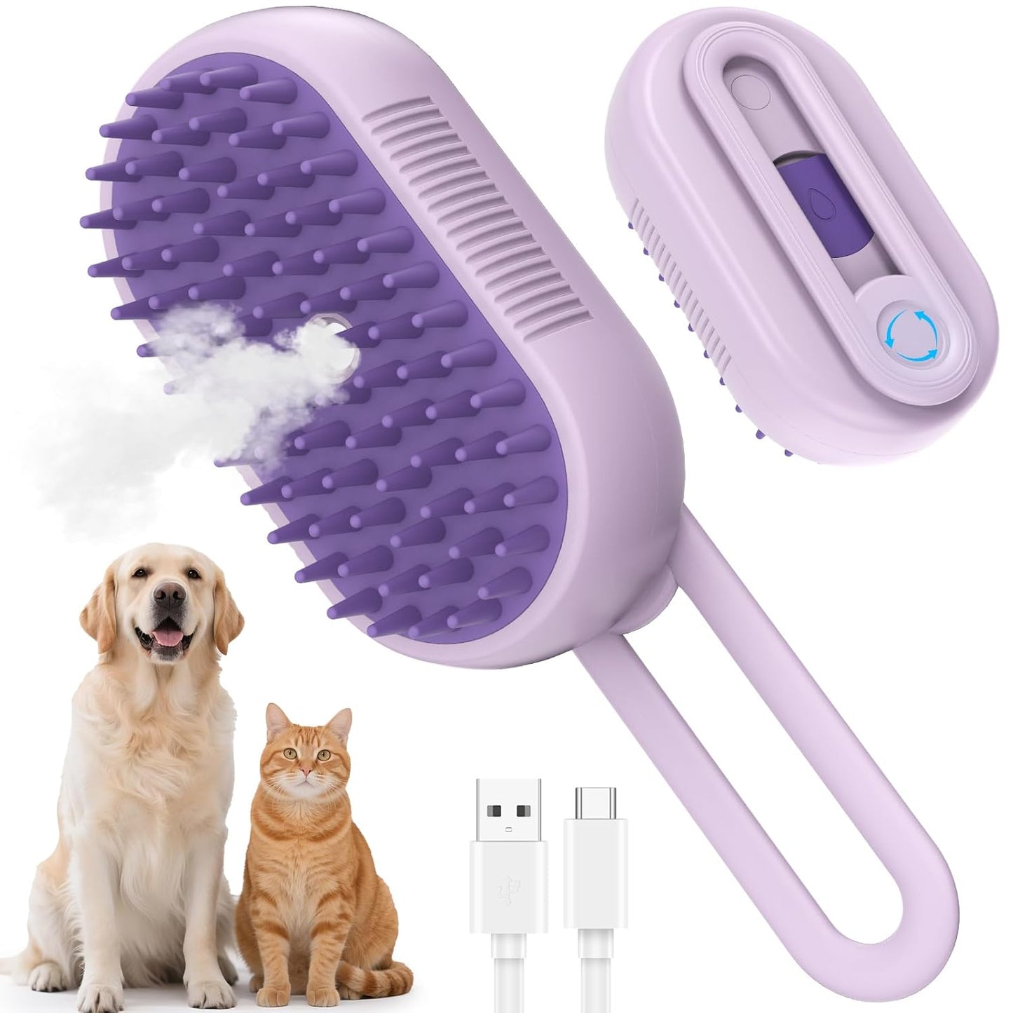 Cepillo de vapor 4 en 1 para mascotas, recargable, para gatos de interior, desenredante silencioso para perros y gatos de pelo largo (blanco)