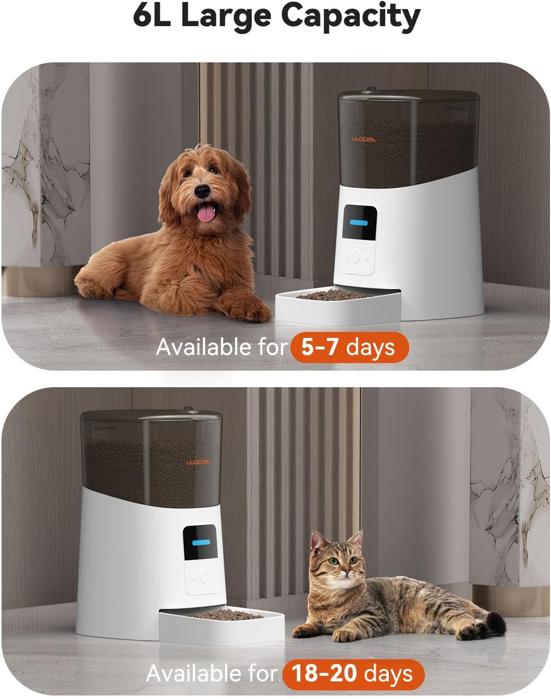 6L Automatic Cat Feeder, Wifi Automatic Dog Feeder with APP Control for Remote Feeding, Cat Food Dispenser with Low Food Sensor and Voice Recorder, up to 15 Meals per Day